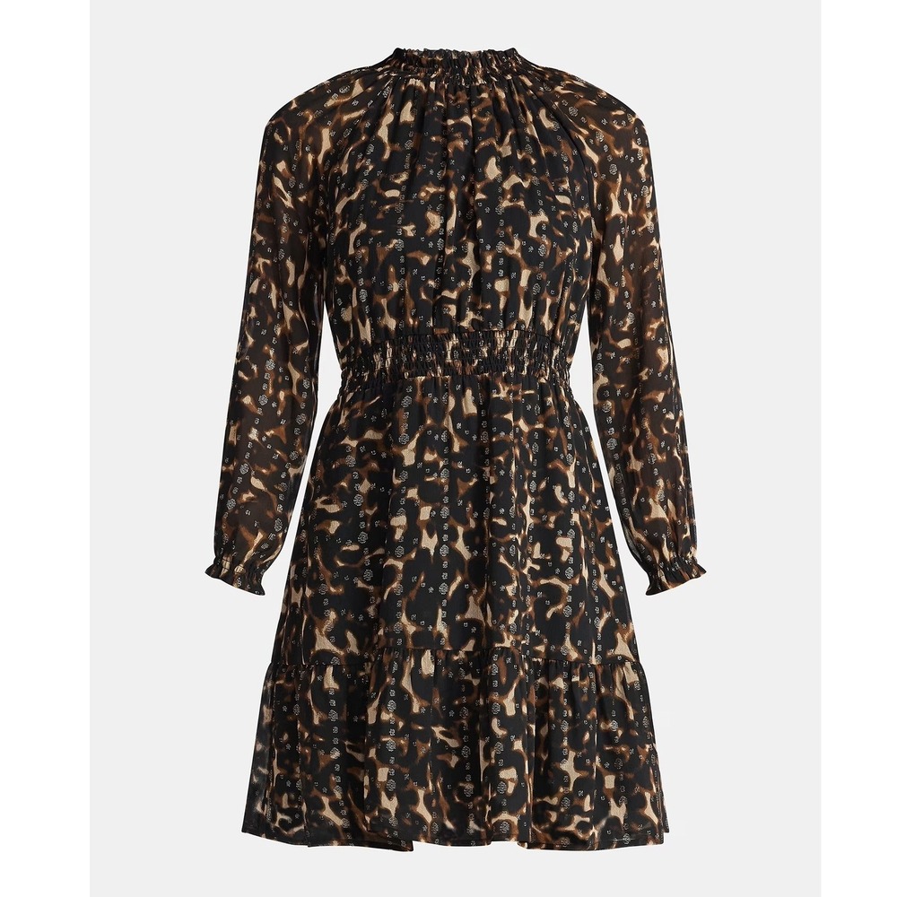 TIME & TRU Smocked Mini Dress Size XXXL (22W) Brown Leopard Animal Print 3XL NWT